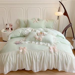 Ruffled Bedding Bow Duvet Cover Set with Butterfly Tie, Soft Brushed Microfiber Shabby Chic Bedding Set with Zipper Closure (Full, Green)