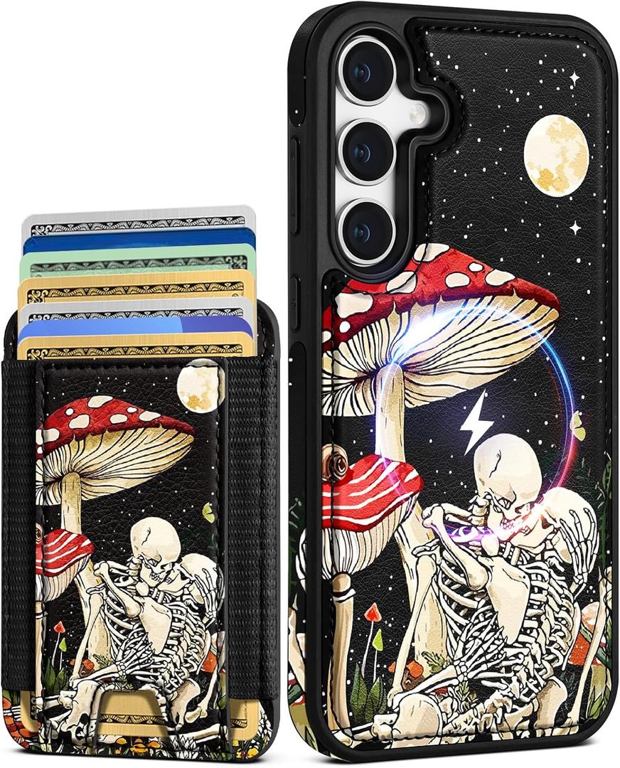 Shorogyt for Samsung Galaxy S25 Plus Cute Kawaii Leather Phone Case - Compatible with Magsafe Wallet Magnetic Credit Card Holder Mushroom Skull Design Phone Cover for Women Girls, Fits 7 Cards