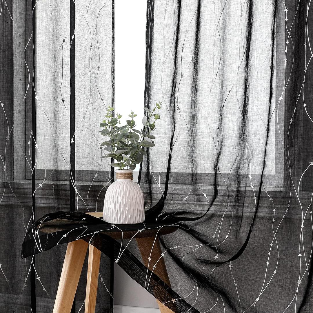 SMILE WEAVER Black Sheer Curtains for Living Room 84 Inch Long,Rod Pocket Light Filtering Curtain-Lightweight Voile Transparent Semi Sheer Window Drapes for Bedroom/Kitchen,Set of 2 Panels