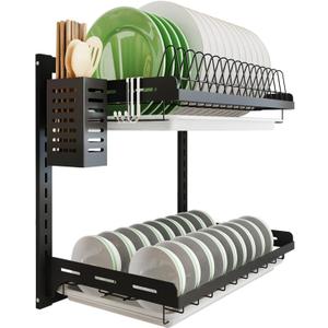 junyuan Kitchen Dish Rack,Hanging Dish Drying Rack Organizer Storage Shelf Over Sink,2 Tier Wall Mount Bowl Holder with Drain Tray and Silverware Stainless Steel Black Coating Ajustable Height