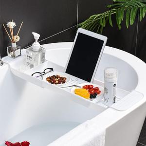 Expandable Drain Bath Shelf Caddy Tray, Multifunctional Plastic Bathtub Tray Bathroom Organizer Simple Stylish Bathtub Storage Rack for Candle Towel, Book, Wine, Phone, Shower (Large, White - 1pcs)