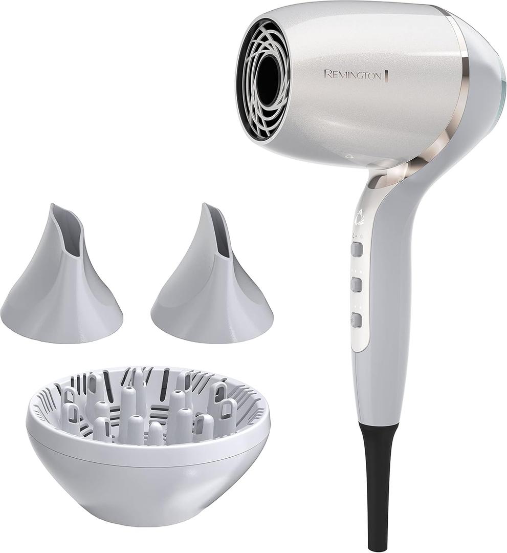 Remington PROLUXE HydraCare Hair Dryer with Diffuser, 1875 Watts | HydraCare Sensor for Heat Protection, pearl white and gray design, Digital Motor, 3 Heat/2 Speed Settings