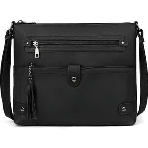 FADEON Large Crossbody Purses for Women Crossbody Bag, Designer Leather Cross Body Purses Multi Pocket Shoulder Bag (Black Retro Style)