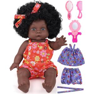 GAGAKU Black Baby Doll for 3 4 5 6 Years Old,12 inch Black Baby Dolls for Girls with Curly Hair, 2-Sets Doll Clothes,Small Baby Dolls for Toddlers Kids and Girls Holiday Birthday
