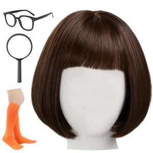 Swooflia Black Bob Wig for Women & Cosplay Accessories - Convenient Set Includes Adjustable Wig Cap, Magnifying Glass, Socks, Cosplay Wig for Halloween, Costume, Party and Daily Use (W2-04)