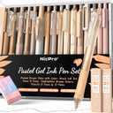Nicpro 22 PCS Pastel Gel Ink Pen Set,12 Black Ink Pens with 2 Pack Highlighters and 2 Pack Mechanical Pencil 0.5 0.7mm, Retractable 0.5mm Fine Point Note Taking Pens for School Office (Brown)