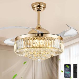 Fandelier Ceiling Fan with Light, 48''Crystal Retractable Ceiling Fan with Lights, Chandelier Fan for Bedroom Living Room, 3000-6500K LED Dimmable, 6 Wind Speed-Gold