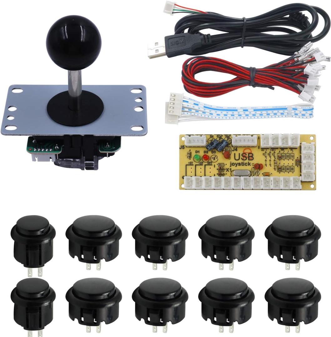 Arcade Game Controller Button Microswitch 8 Way Joystick Zero Delay USB Encoder Cable Stick DIY Kit for PC MAME Retropie Raspberry Pi (Black)
