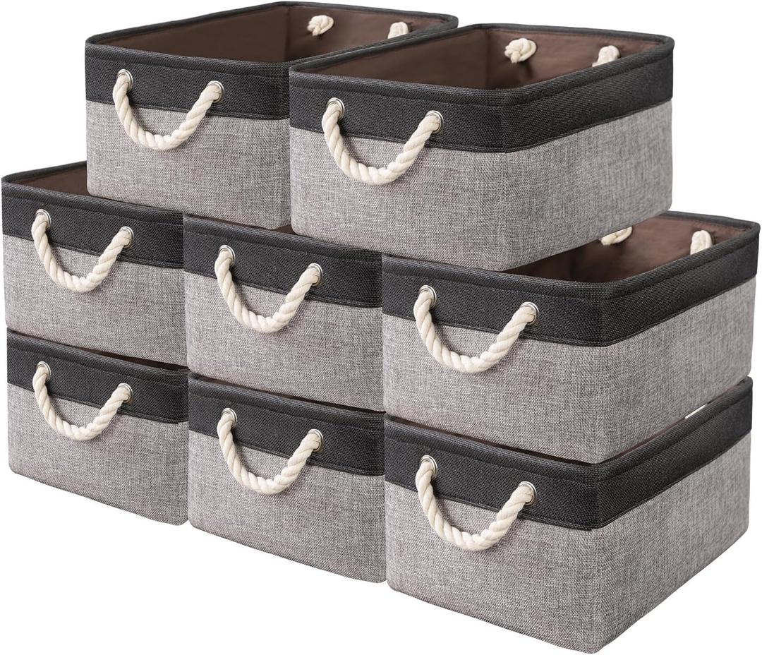 8 Pack Storage Basket Bins & Decorative Baskets Fabric Storage Cubes Containers Bulk W/Handles for Office, Home, Books, Clothes, Bedroom, Closet (Black/Grey)
