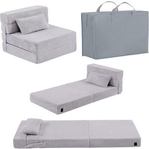Folding Sofa Bed Mattress for Kids with Pillow, Toddler Washable Folding Floor Mat for Daycare, Child Fold Up Sofa Futon Chair Bed with Storage Bag for Playroom, Camping, Girls and Boys, Grey