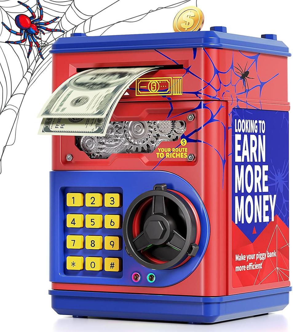 Piggy Bank for Kids Boys 5-13 with 4 Saving Record Cards, Kids Money Safe Banks for Real Money with 4-Digit Password, Electronic Piggy Bank Toys for Boys Girls with ATM-Style Cash Slot, Red Blue