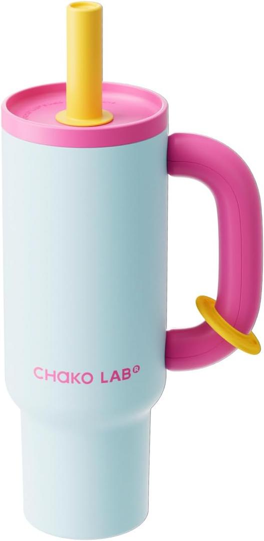 CHAKO LAB BaWang Insulated Stainless Steel Tumbler | Tumbler with Handle and Straw 33oz | Cup Holder Friendly for Travel | Leakproof Water Bottle | BPA-Free | 316 stainless steel liner| pinkblue