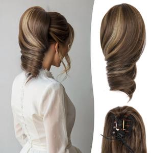 12 Inch Short Ponytail Extension - Curly Pony Tails Hair Extensions, Claw Clip Ponytail Extension, Synthetic Hair Extensions Ponytail, Clip in Ponytail (Color: Chestnut Brown With Golden Highlights)