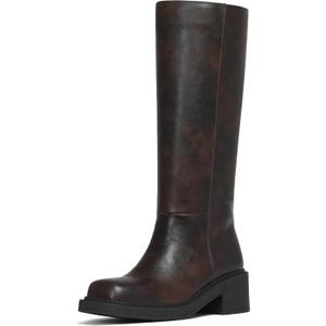 AMINUGAL Womens Knee High Boots Square Toe Chunky Block Low Heel Tall Boots for Women Extra Wide Calf Biker Motorcycle Riding Clubbing Corporate Rave Festival ComfyTrendy Y2k Vintage (8, Brown)