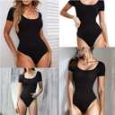 LIZENS Body Suits for Womens Tummy Control Short Sleeve Scoop Neck Ribbed Casual Stretchy Basic T Shirt Bodysuit Tops (Black, M)