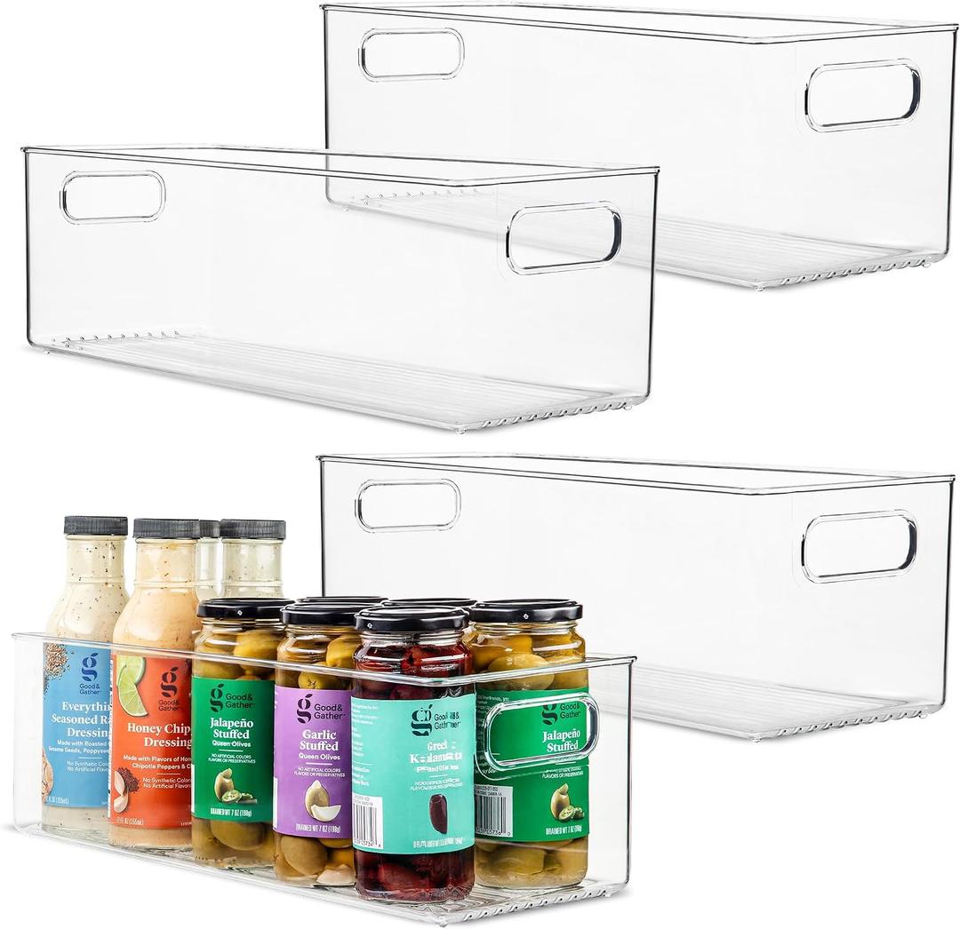 primebox Plastic Food Storage 4 Pack Clear Container Bin with Handles for Organizing Kitchen, Pantry, Refrigerator, Freezer, Pantry, Cabinet, Closet, Bathroom. 16x6x5