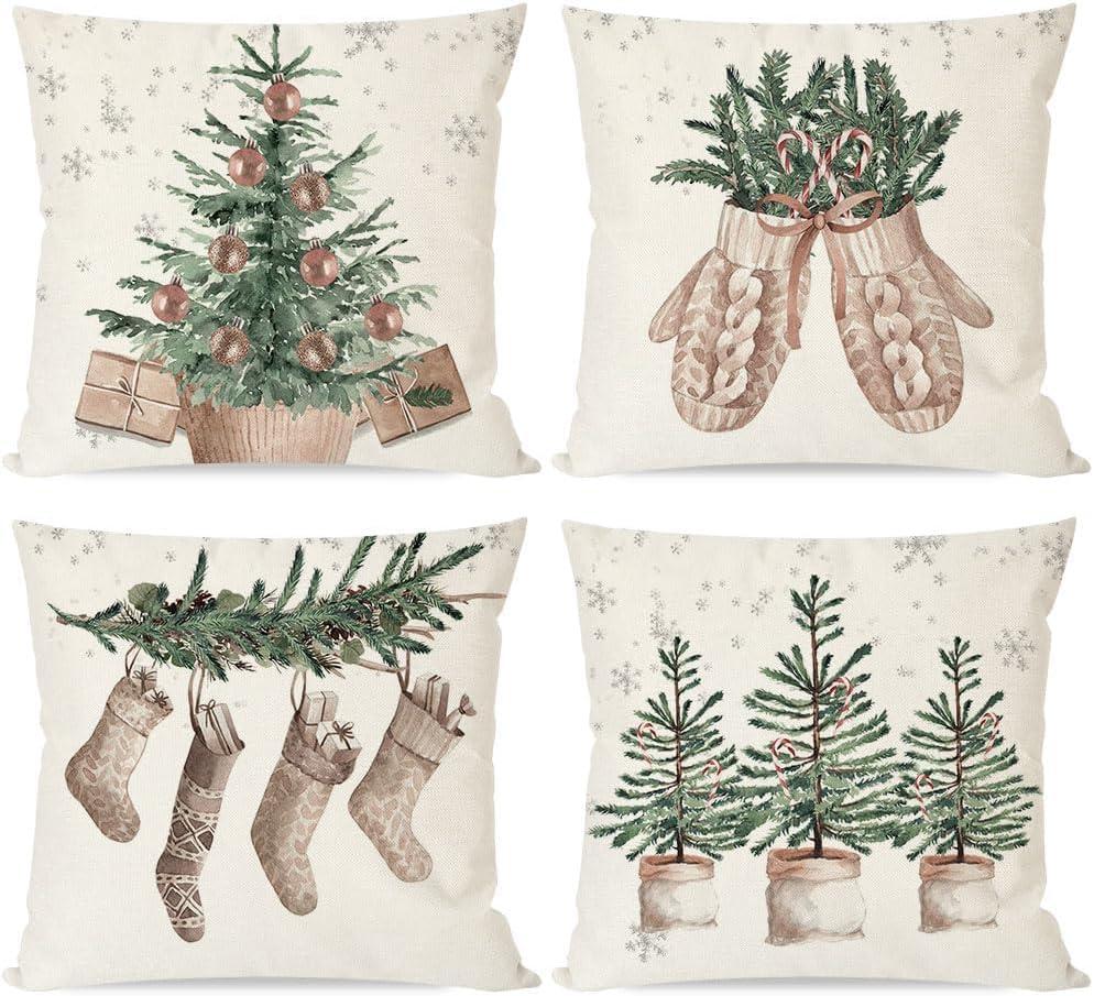 PANDICORN Christmas Pillow Covers 20x20 Set of 4 Christmas Tree Gloves Neutral Christmas Decor Outdoor Xmas Winter Holiday Beige Decorative Throw Pillow Case Home Decorations for Living Room Couch