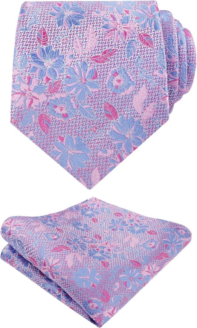 Alizeal Mens 3.15inches Rose Flower Pattern Tie with Floral Printed Pocket Square Set (145-Pink+Light Blue)