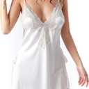 Womens Chemise Deep V Neck Lace Nightgown Slip Satin Sleepwear Nightdress (Black, M)