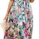 UONBOX Women's V Neck Floral Dress Summer 2025 Trendy Pleated Boho Flowy Puff Sleeve Maxi Dress L