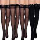 SATINIOR 4 Pack Silk Thigh High Stocking for Women Lace Silicone Socks Satin Bow Top Stocking (Black)