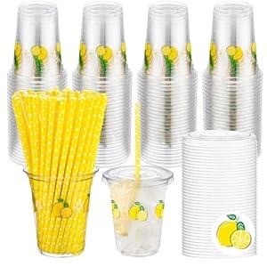 Blushtier 100 Set 12 oz Lemon Plastic Cups with Lids and Straw Plastic Coffee Cups with Lids Transparent Disposable Cups for Juice Water Coffee Tea Birthday Party (Yellow)