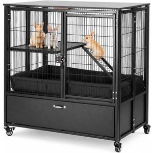 Large Metal Small Animal Cages, 2-Tiers Rolling Ferrets Cage, Cage for Critter Rats/Chinchillas with Removable Ramps & Door, Cages with Locker, Squirrel Cage Christmas Decoration Pet Crate Furniture