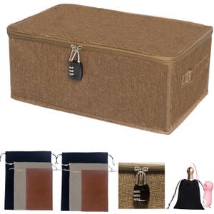 Lockable Adult Toy Storage Organizer Lock Box Toy bags container case with 6 Drawstring Bags 3 Sizes, Large capacity 15 x 10 x 6.3 Inches (Dark Brown)