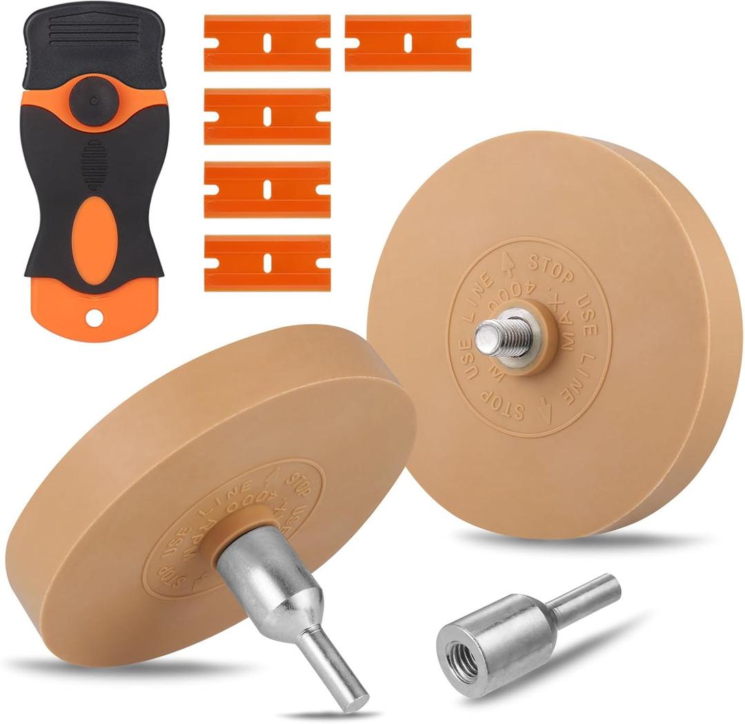 2Pack Rubber Eraser Wheel for Drill, 4Inch Professional Car Sticker Remover Tool with 1 Plastic Scraper & 2 Drill Adapters, Auto Decal Remover Wheel, Rapid Tint Removal Kit for Car Sticker Glue Vinyl