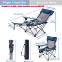 Reclining Folding Camping Chair with Removabel Footrest, Adjustable Folde Camping Chair with Foot Rest, Camp Lounge Outdoor Beach Chair, Mesh Reclining Design, with Pillow Cup Holder, Blue Mesh, Standard