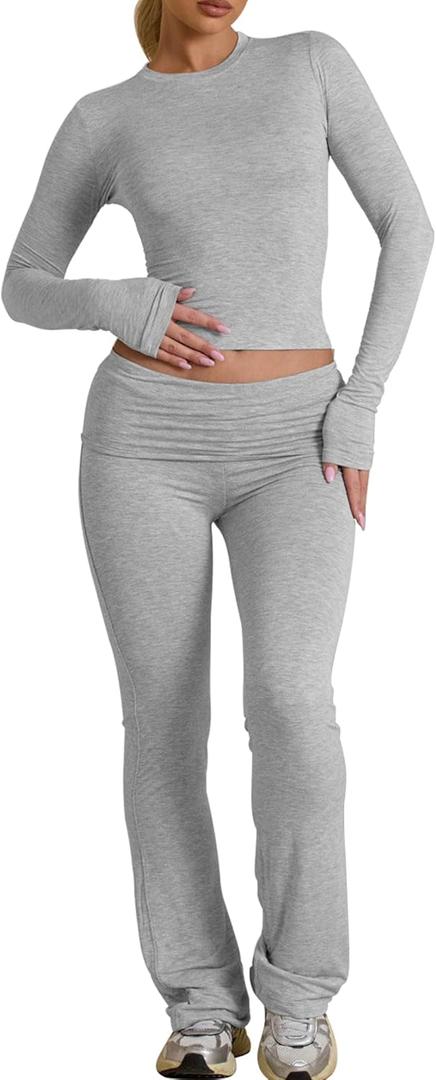 BORIFLORS Women's Workout 2 Piece Lounge Sets Long Sleeve Tops Foldover Flare Pants Casual Outfits Tracksuit (Grey) M