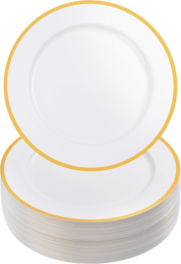 Goodluck 12 Inch White Charger Plates, 50 Pack White Charger Plates with Gold Trim, for Dinner Plates, Plastic Plates for Dinner, Wedding, Party, New Year