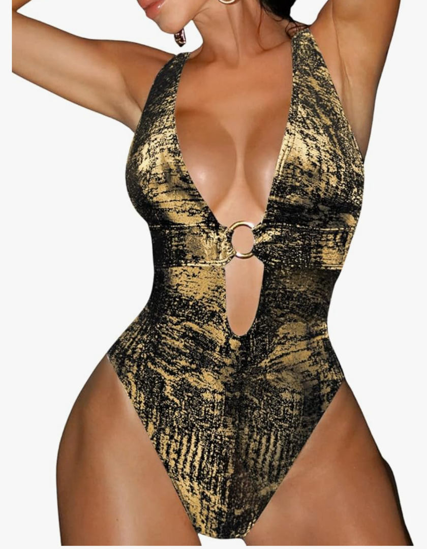 Women's Metallic One Piece Swimsuit Sexy Plunge Cutout Bodysuit Festival Rave Outfits S