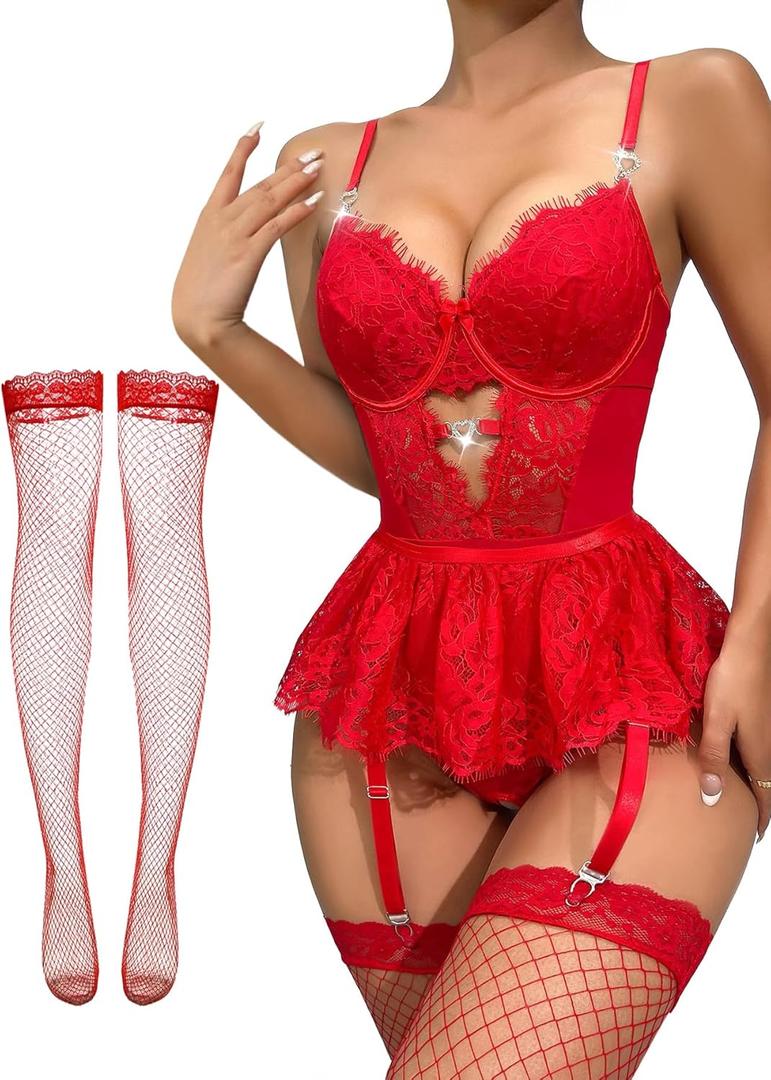 Lilosy Sexy Stocking Rhinestones Heart Garter Underwire Floral Mesh lace Sheer Babydoll Lingerie Teddy Bodysuit Skirt Set (XX-Large, Bright Red)