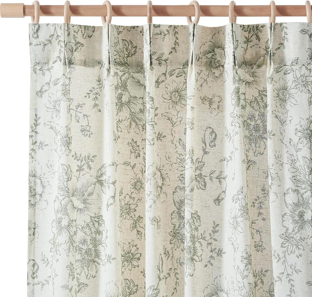jinchan Pinch Pleated Curtains Floral Linen Blend Curtains for Living Room 63 Inch Length Green Peony Flower Printed Curtain Rod Pocket Back Tab Farmhouse Pinch Pleat Drapes with Hooks Set 2 Panels (40"W x 63"L (Pack of 2), Pleated Flower Green)