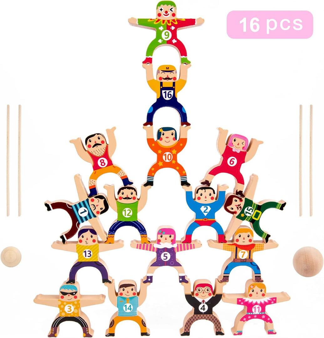moopok Wooden Stacking Toys,16Pcs Circus Hercules Acrobatic Troupe Interlock Toy,Balancing Building Blocks Game Toddler Puzzle Toys,for 3 4 5 6 Years Old Kids Adults