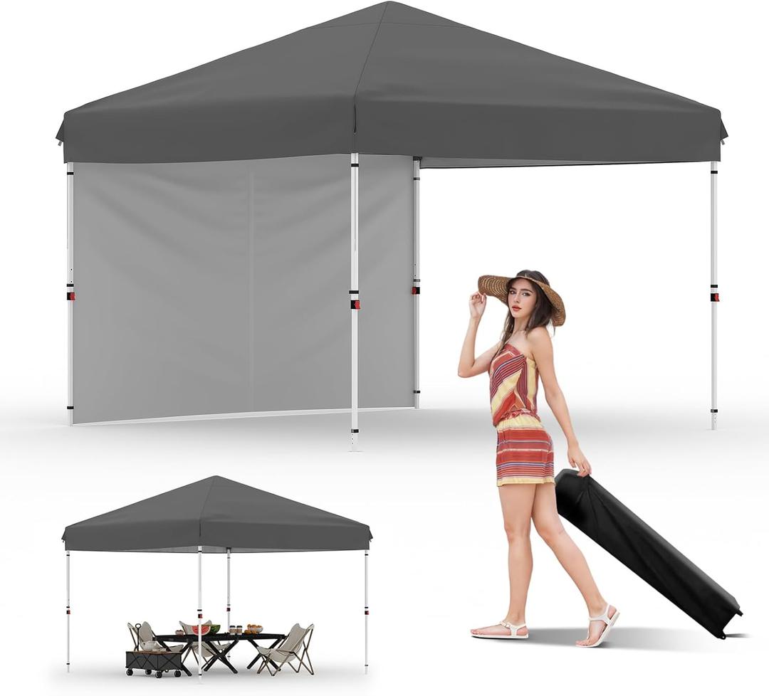 GarveeLife Pop Up Canopy with 1 Sidewalls - Easy Up Camping Tent with One Button Push Setup - 1 Roller Bag, 3 Adjustable Height, 4 Weight Bags for Deck, Garden, Sports, Beach, Party - Grey (Gray)