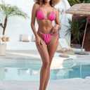 ZAFUL Bathing Suit for Women with Pearls Two Piece Swimsuit Triangle Thong String Bikini Set (Small, Rose)