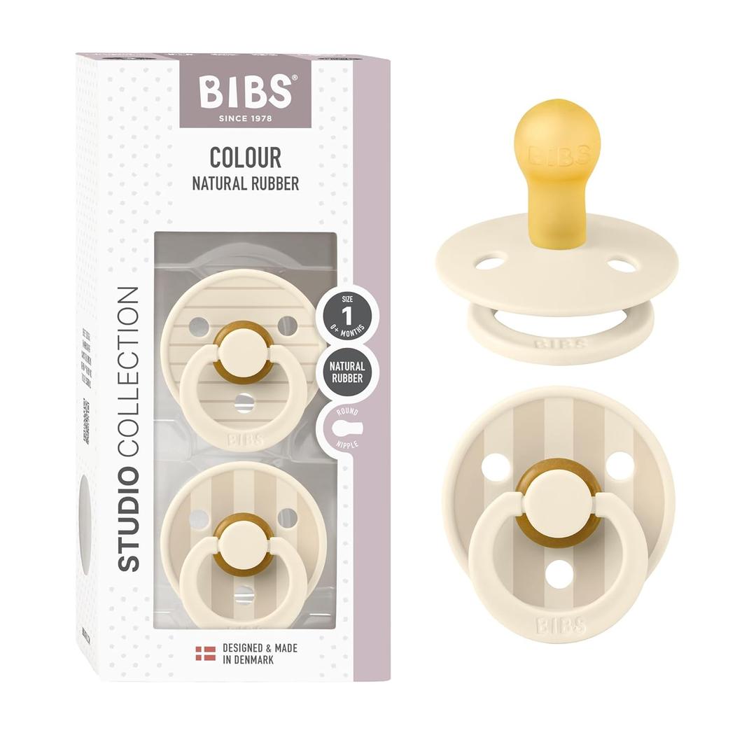 BIBS Pacifiers  Studio 2 Pack | Round Nipple Baby Pacifier | BPA Free Natural Rubber Latex Soother | Made in Denmark | Size 0+ Months | Pin Ivory Vanilla