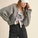 Esmeling Womens Long Sleeve Crop Cardigan Sweaters Chic Loose V Neck Knit Sweater Outerwear with Bow Tie (S)