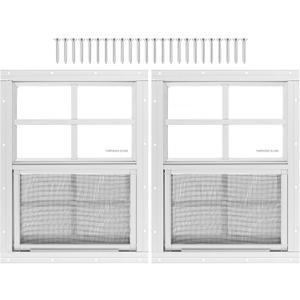 2 Pack Shed Window 12" W x 16" H, White Flush Mount Window with Tempered Glass and Removable Screen for Playhouses, Sheds, Garage and Chicken Coops