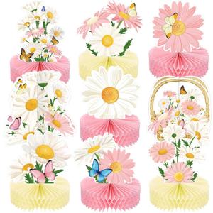 Hotop 9 Pcs Daisy Flower Birthday Party Decorations Daisy Butterfly Honeycomb Centerpieces 3D Daisy Centerpieces for Tables Pink Daisy Table Toppers Boho Groovy Party Decorations Girl Baby Shower