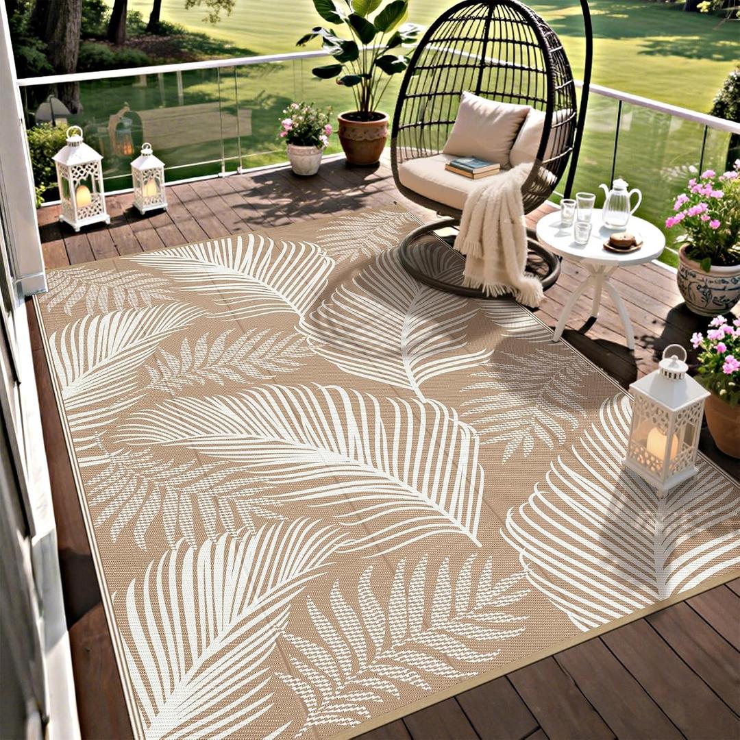 Pauwer Waterproof Outdoor Rug 6x9, Reversible Plastic Straw Patio Camping Rug, Indoor Outdoor RV Mat Carpet for Deck, Camper, Porch, Balcony, Backyard, Picnic, Leaf Brown