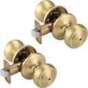 2 Pack Gold Door Knobs,Interior Door Knob with Lock,Coastal Style Satin Brass Door knob for Privacy and Bedroom