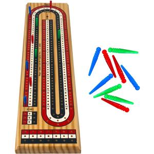 Regal Games Cribbage Board Game Set with Unique Wooden Cribbage Board (11" x 4.5" x 2.75") & 9 Multi-Colored Cribbage Pegs - Family Fun Game Night - Ideal for 2-4 Person