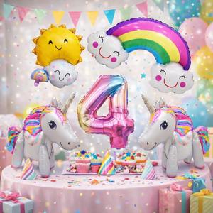 Unicorn Balloon Set for Girls 4th Birthday, Self-Standing Unicorns with Rainbow, Sun and Stars, Big Number 4 Foil Balloon Party Decorations and Photo Backdrop