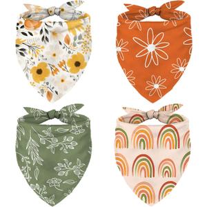 Whaline 4Pcs Boho Pet Bandanas Spring Daisy Dog Scarf Washable Adjustable Triangle Dog Bibs Puppy Neckerchief for Cat Pet Birthday Costume Accessories