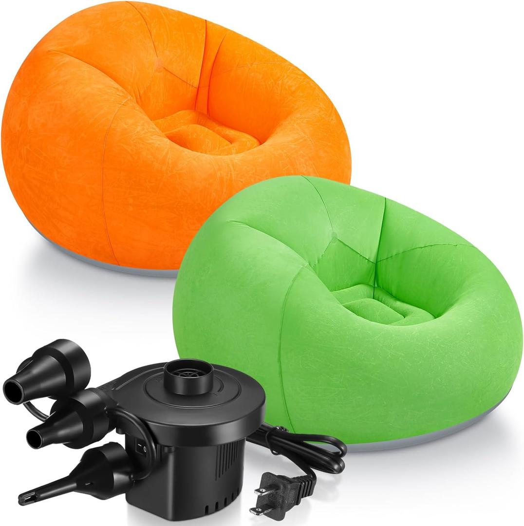 Realspring 2 Pcs Inflatable Bean Bag Chairs with Electric Air Pump Outdoor Blow up Chair Inflatable Lazy Sofa Folding Portable Loungers Couch for Living Room Bedroom (Orange, Green)