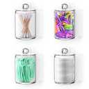 APIROS Wall Mounted Stylish Bathroom Jars with Lids Set- 4 Pack Plastic Apothecary Jars with Lids & Labels- Clear Bathroom Organizer Jars Set- Floss Picks, Pads, Swabs, Cotton Ball and Qtip Holder Set