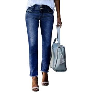 Sidefeel Women's High Waisted Jeans Strechy Fashion Raw Hem Straight Leg Ankle Denim Pants with Pockets size 6